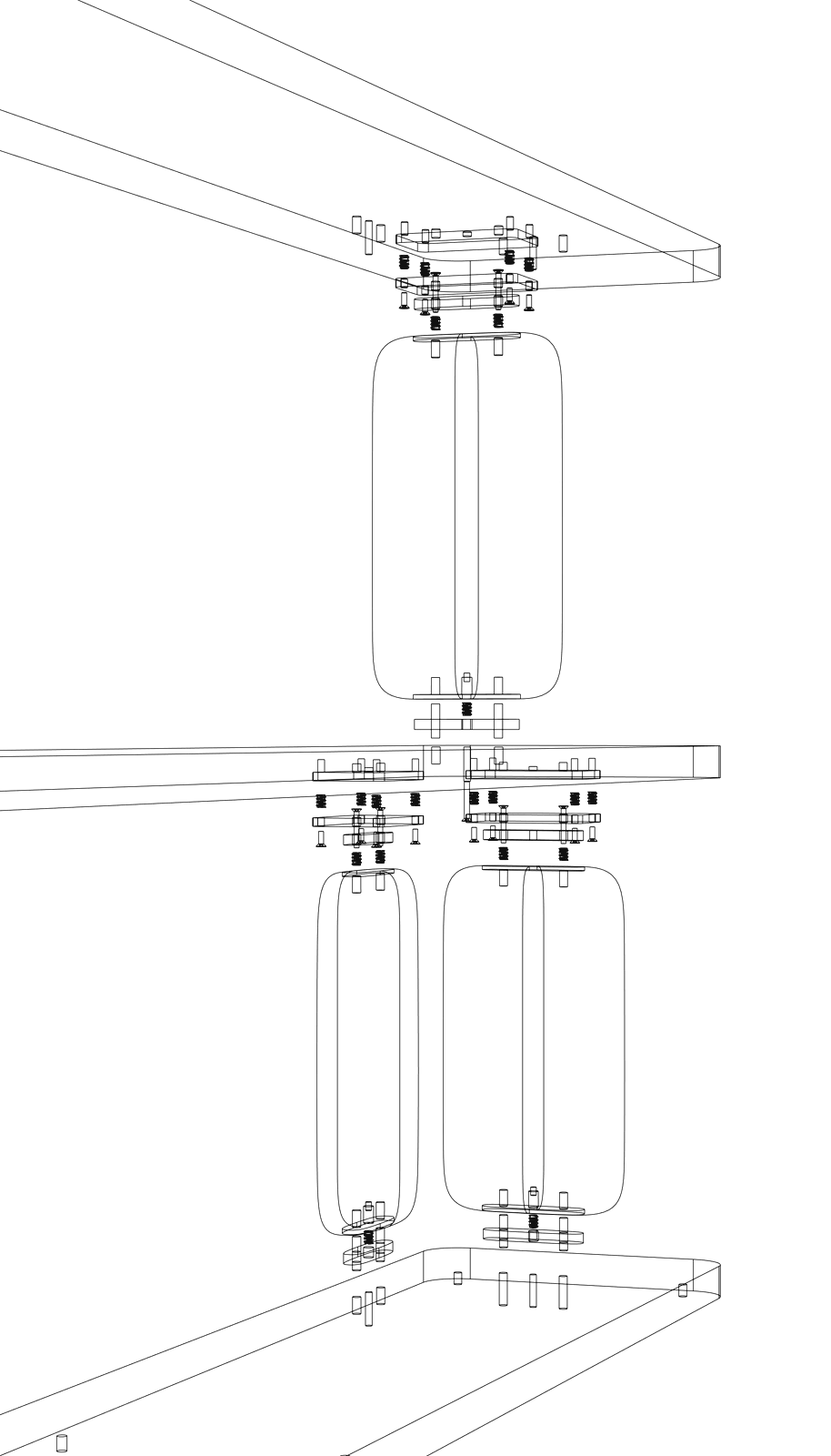 Exploded CAD view of the bookshelf: veneered shelves, wooden columns, black steel flanges, recessed connector plates, bolts, threaded inserts and dowels