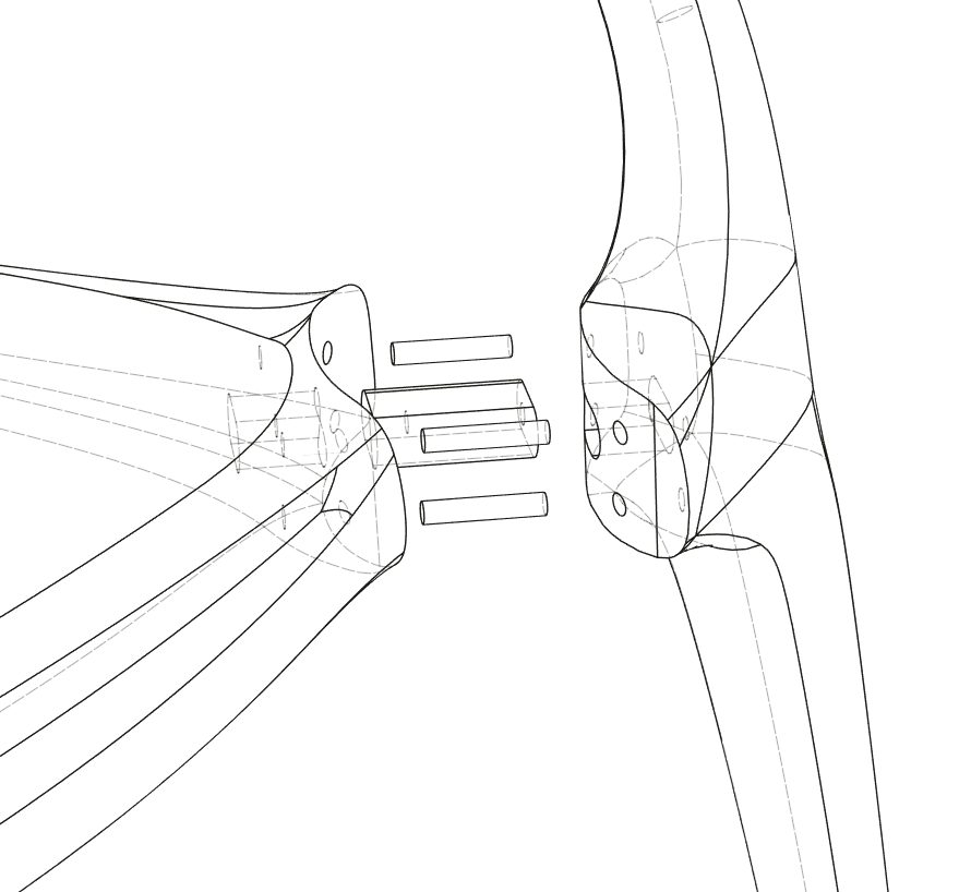 Exploded CAD view of the joint: solid-wood seat, floating tenon and dowels pulled apart from the front leg